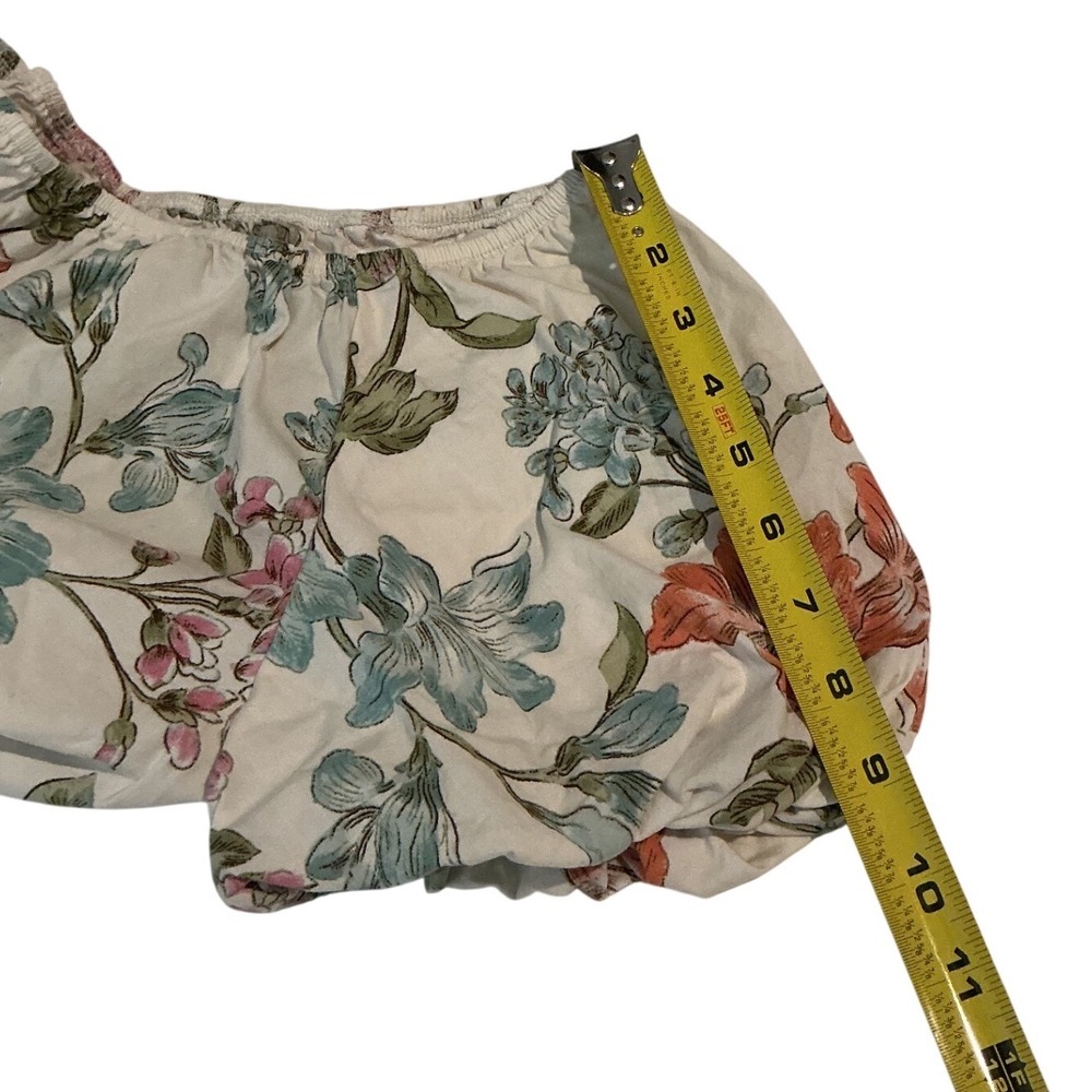 Floral Blouse Women Large Cream Pink Blue Puff Sleeve Crop Top - Picture 4 of 8